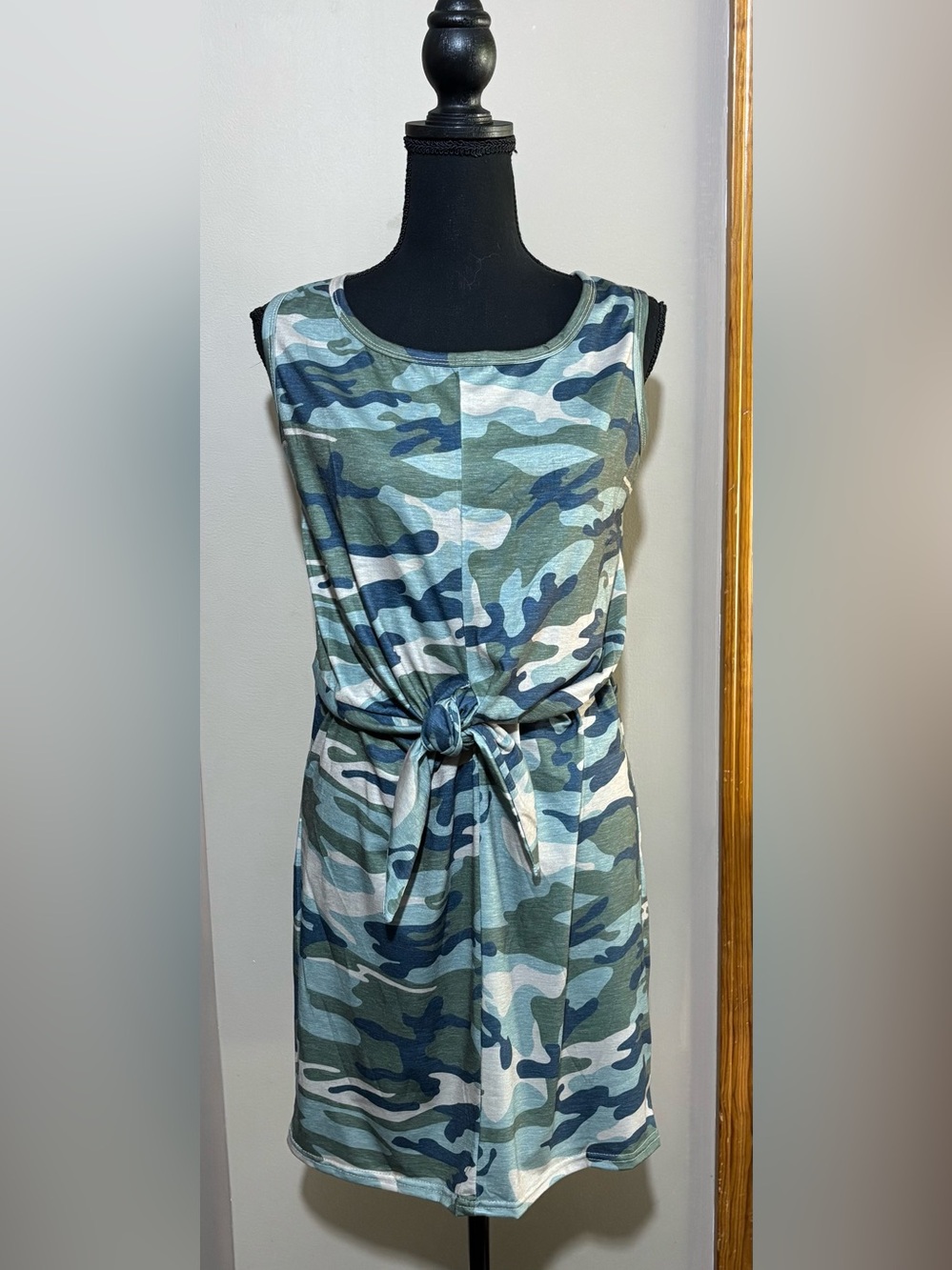 Camo tie front tank dress. Size M. Worn once. Blue, green and tan.